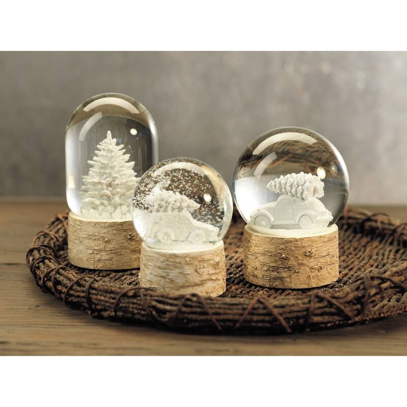 5" Tall Snow Globe on Birch, White Tree Sculpture, White and Beige