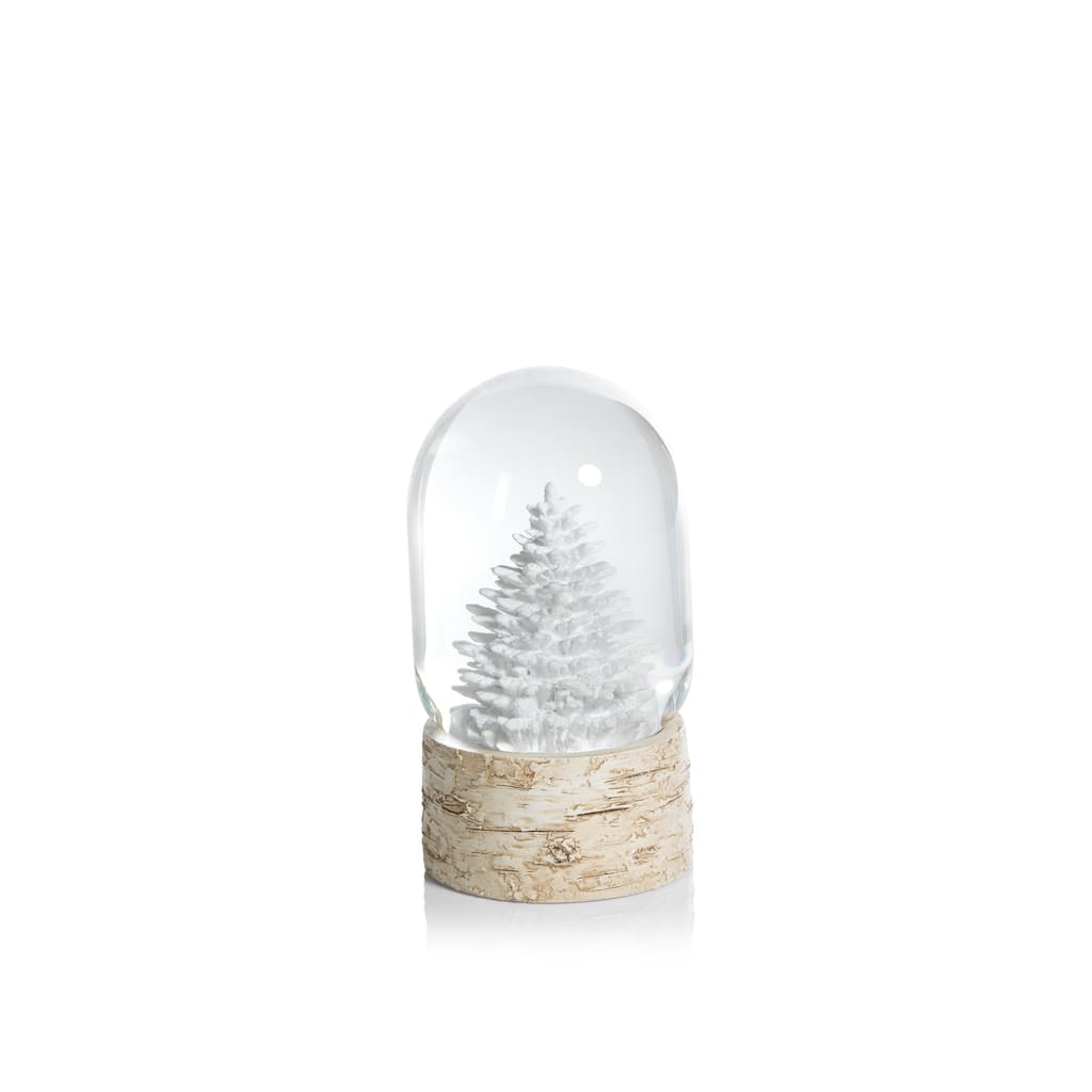 5" Tall Snow Globe on Birch, White Tree Sculpture, White and Beige