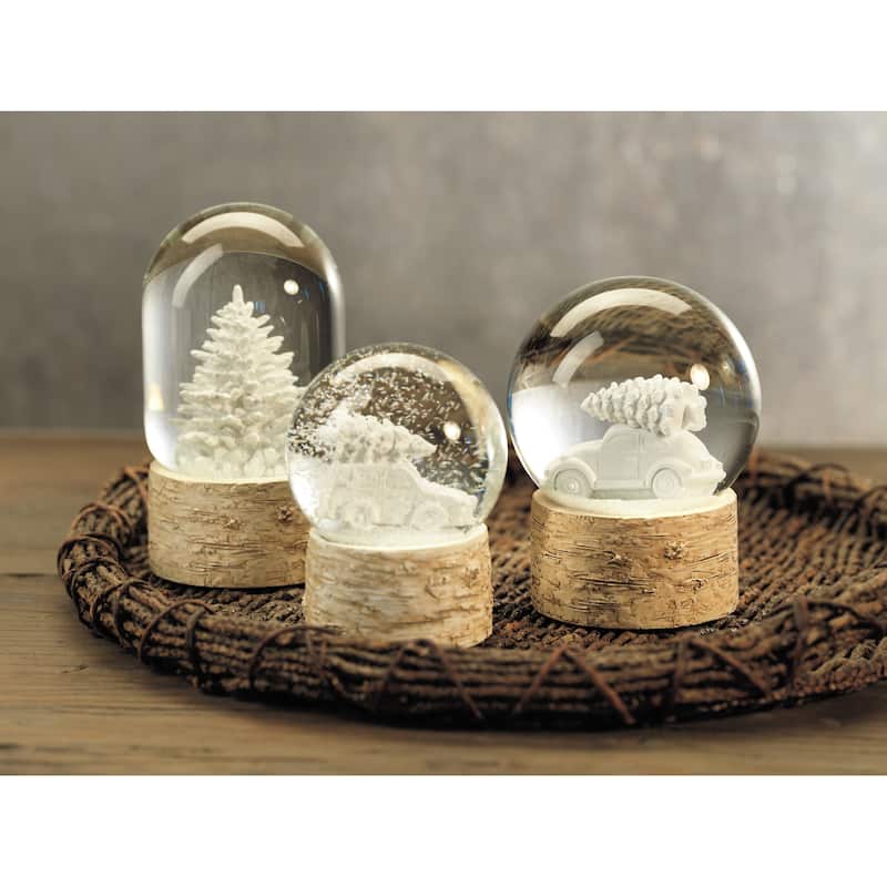 5.75" Tall Snow Globe on Birch, White Tree on a Car Sculpture, White and Beige
