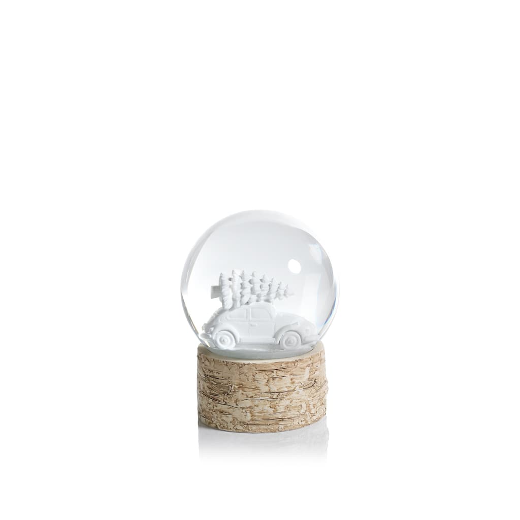5.75" Tall Snow Globe on Birch, White Tree on a Car Sculpture, White and Beige
