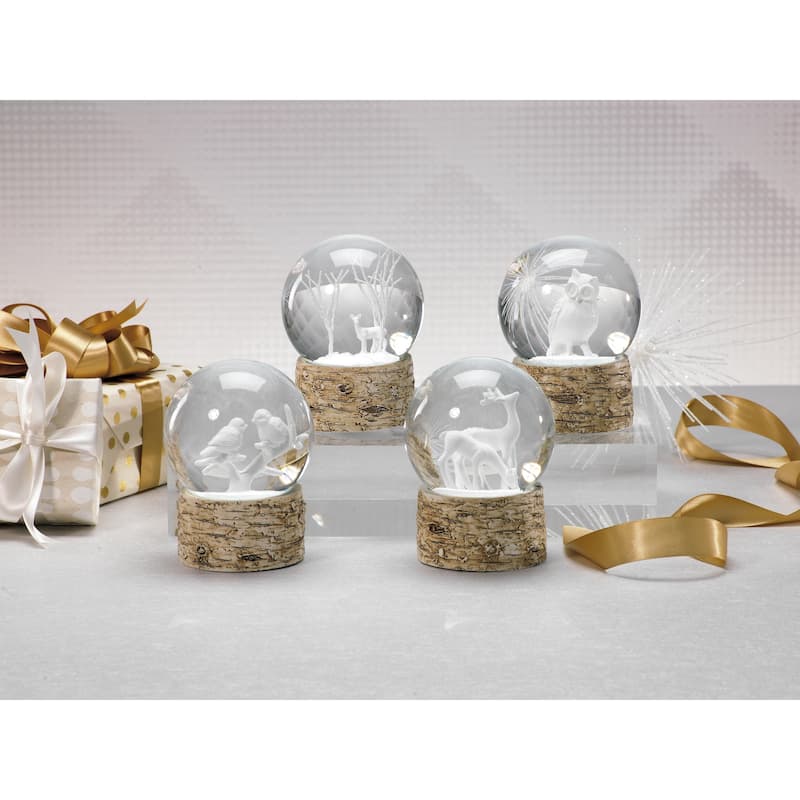 5" Tall Snow Globe on Birch, Reindeer Sculpture, White and Beige (Set of 2)