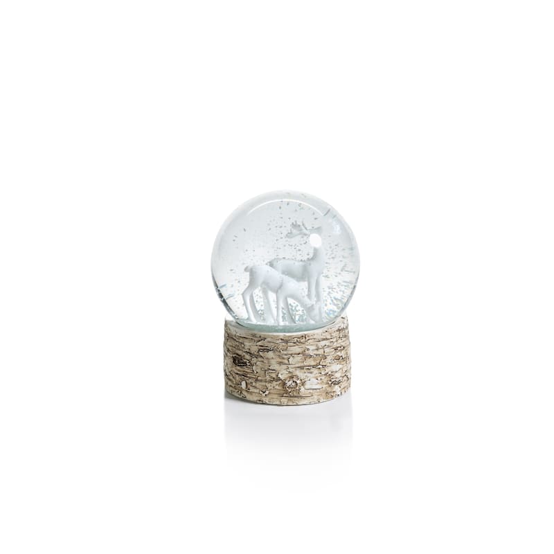 5" Tall Snow Globe on Birch, Reindeer Sculpture, White and Beige (Set of 2)
