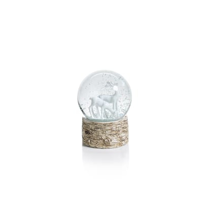 5" Tall Snow Globe on Birch, Reindeer Sculpture, White and Beige (Set of 2)