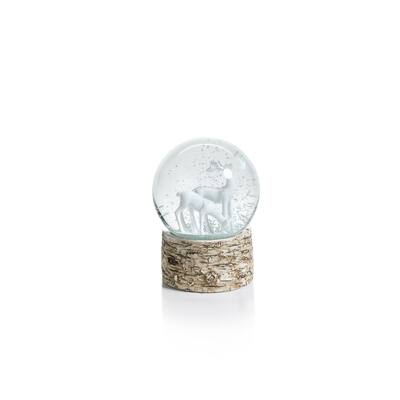 5" Tall Snow Globe on Birch, Reindeer Sculpture, White and Beige (Set of 2)