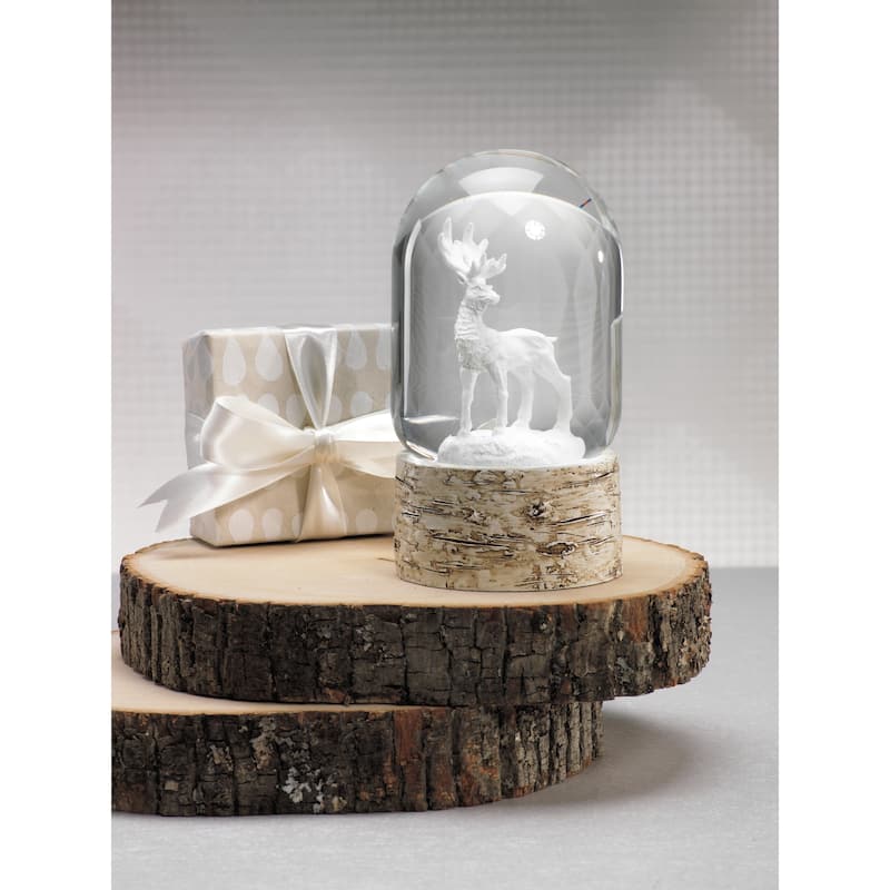 7" Tall Snow Globe Dome on Birch, Moose Sculpture, White and Beige