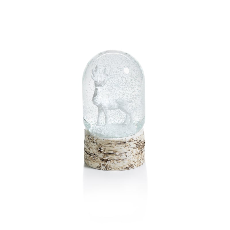 7" Tall Snow Globe Dome on Birch, Moose Sculpture, White and Beige