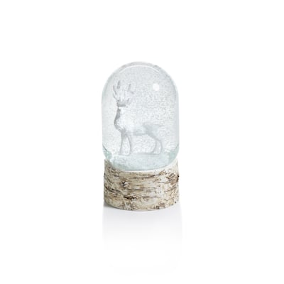 7" Tall Snow Globe Dome on Birch, Moose Sculpture, White and Beige