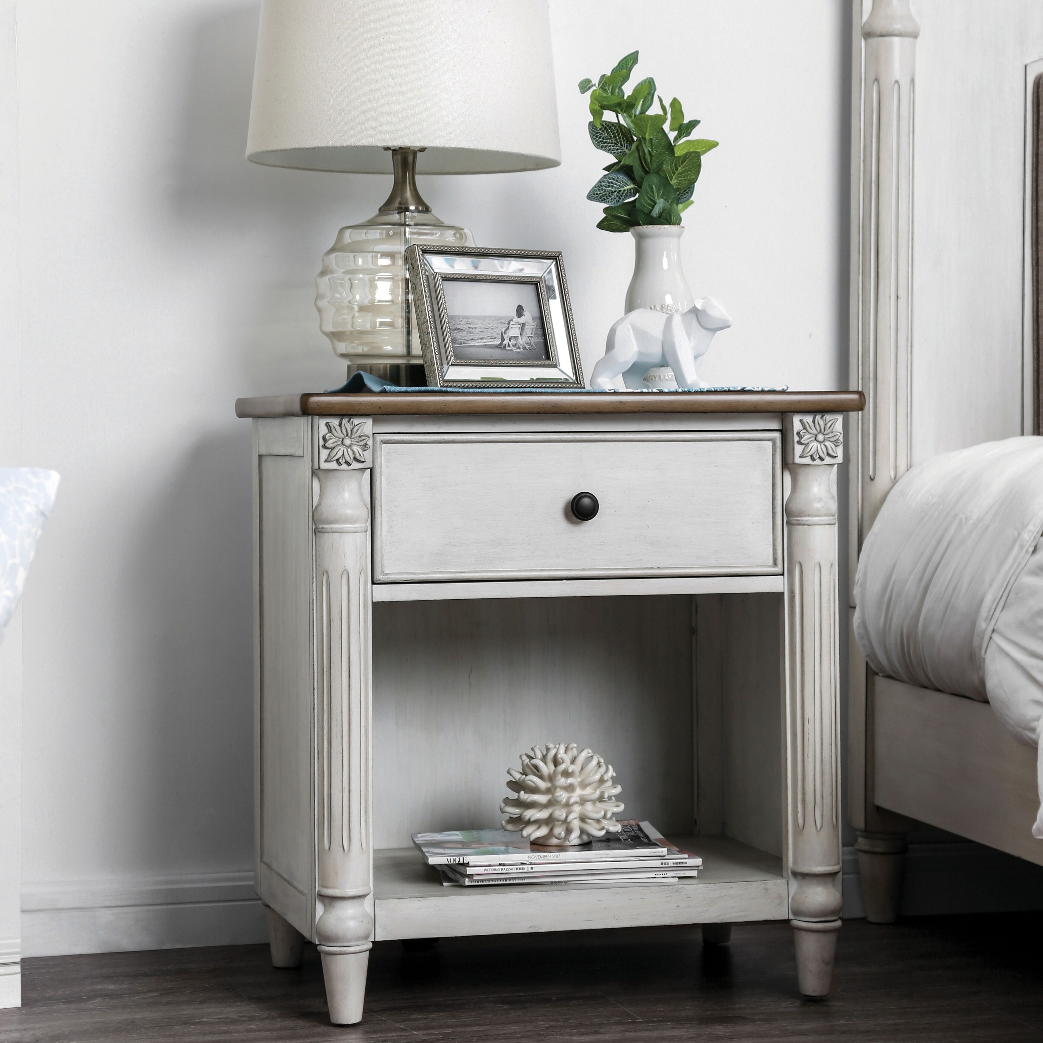 white and light wood nightstand