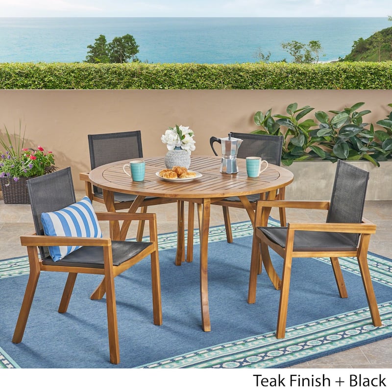 Lockett Outdoor Acacia Wood 5 Piece Round Dining Set with Mesh Seats by Christopher Knight Home