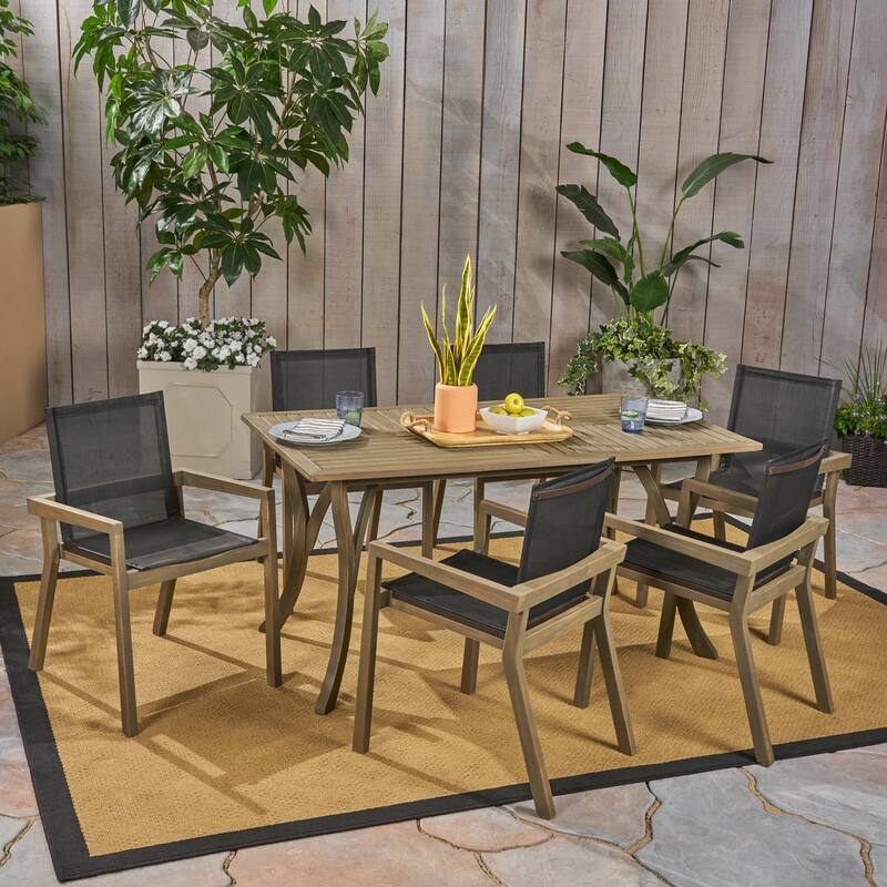 Shanter Outdoor Acacia Wood 7 Piece Dining Set with Mesh Seats by Christopher Knight Home