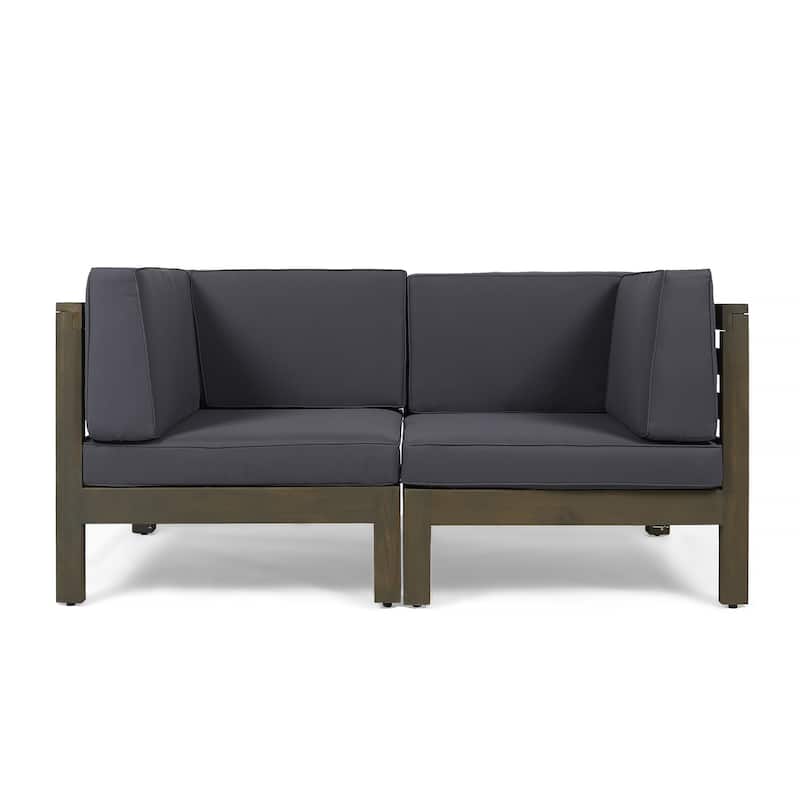Brava Outdoor 2-Seater Sectional Acacia Wood Loveseat Set With Water-Resistant Cushions by Christopher Knight Home - gray + dark gray cushion