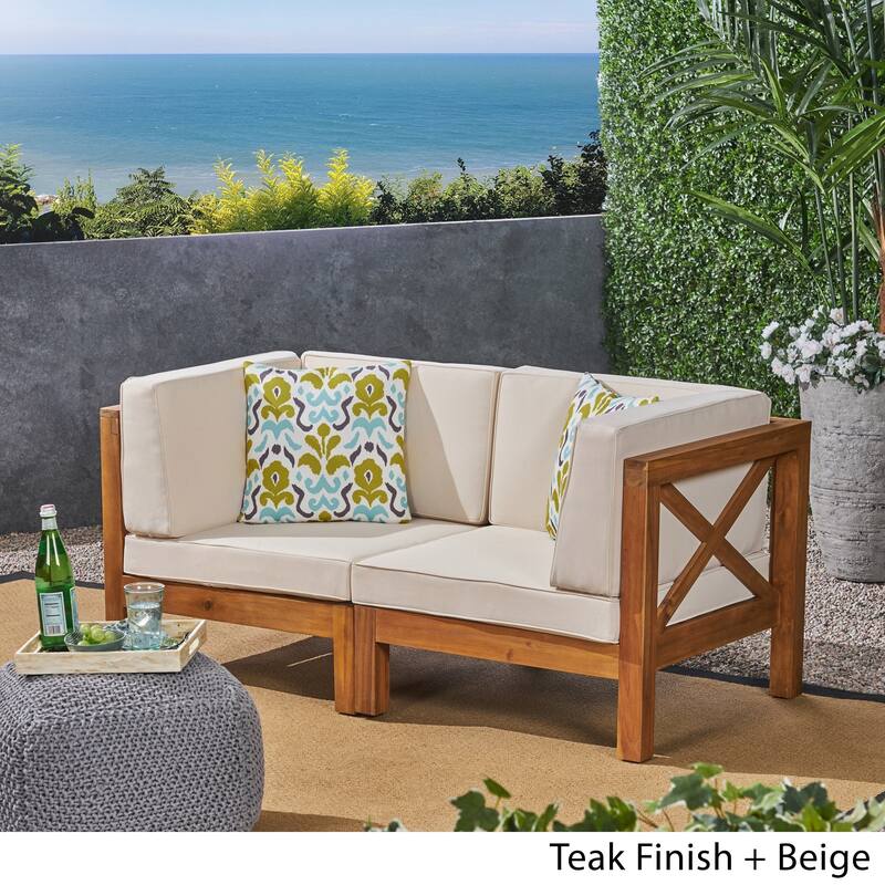 Brava Outdoor 2-Seater Sectional Acacia Wood Loveseat Set With Water-Resistant Cushions by Christopher Knight Home