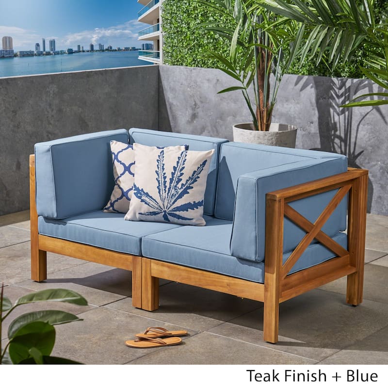 Brava Outdoor 2-Seater Sectional Acacia Wood Loveseat Set With Water-Resistant Cushions by Christopher Knight Home