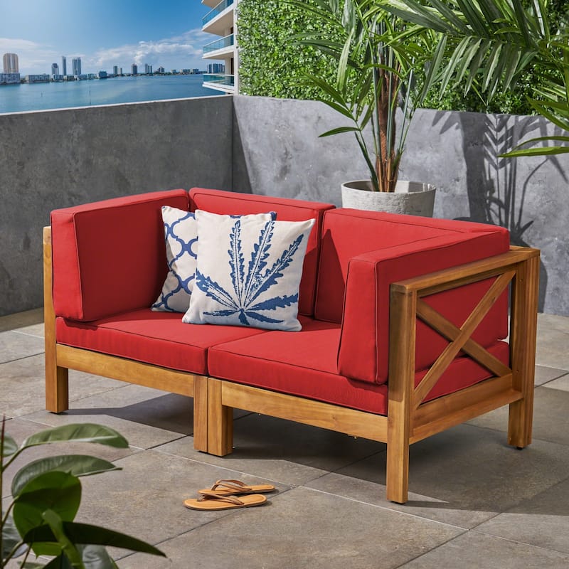 Brava Outdoor 2-Seater Sectional Acacia Wood Loveseat Set With Water-Resistant Cushions by Christopher Knight Home
