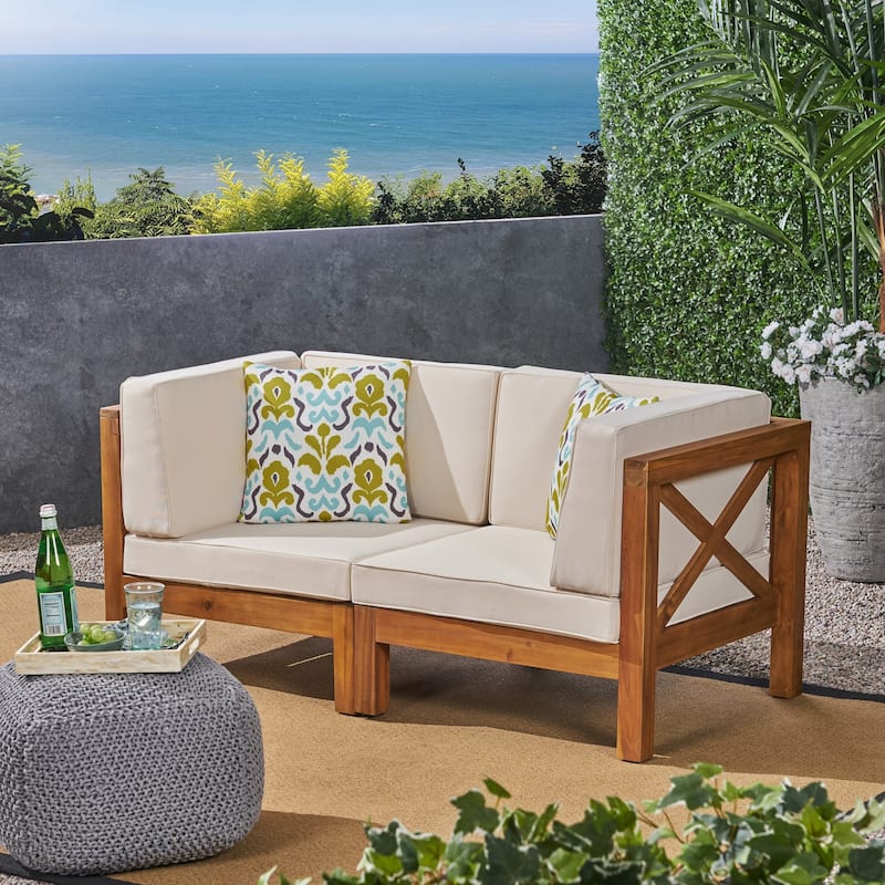 Brava Outdoor 2-Seater Sectional Acacia Wood Loveseat Set With Water-Resistant Cushions by Christopher Knight Home