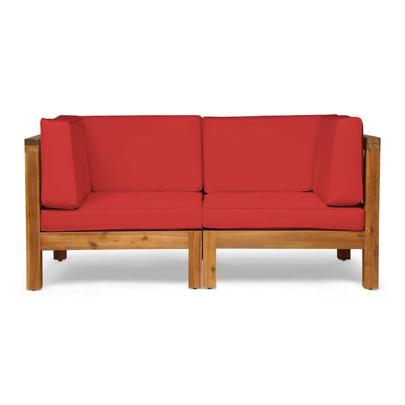 Brava Outdoor 2-Seater Sectional Acacia Wood Loveseat Set With Water-Resistant Cushions by Christopher Knight Home - teak + red cushion