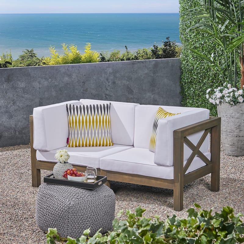 Brava Outdoor 2-Seater Sectional Acacia Wood Loveseat Set With Water-Resistant Cushions by Christopher Knight Home