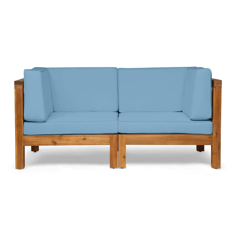 Brava Outdoor 2-Seater Sectional Acacia Wood Loveseat Set With Water-Resistant Cushions by Christopher Knight Home - teak+blue cushion