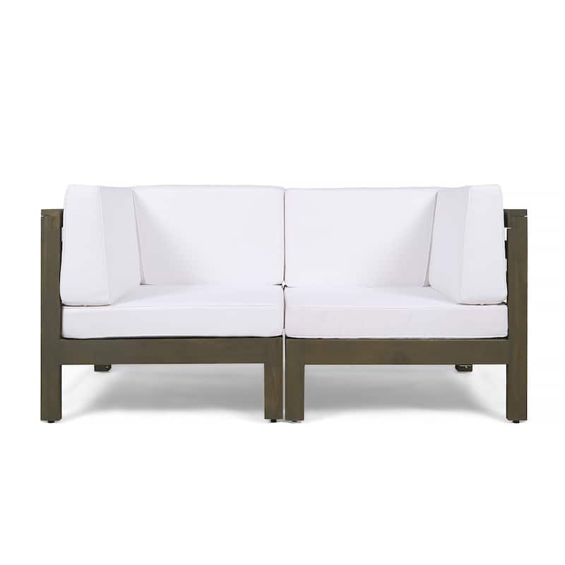 Brava Outdoor 2-Seater Sectional Acacia Wood Loveseat Set With Water-Resistant Cushions by Christopher Knight Home - gray  + white cushion