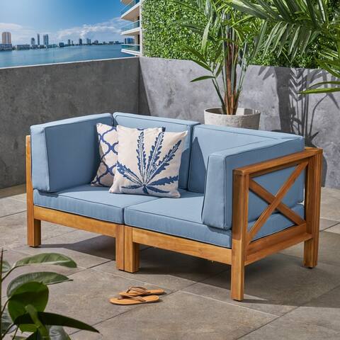 Brava Outdoor 2-Seater Sectional Acacia Wood Loveseat Set With Water-Resistant Cushions by Christopher Knight Home