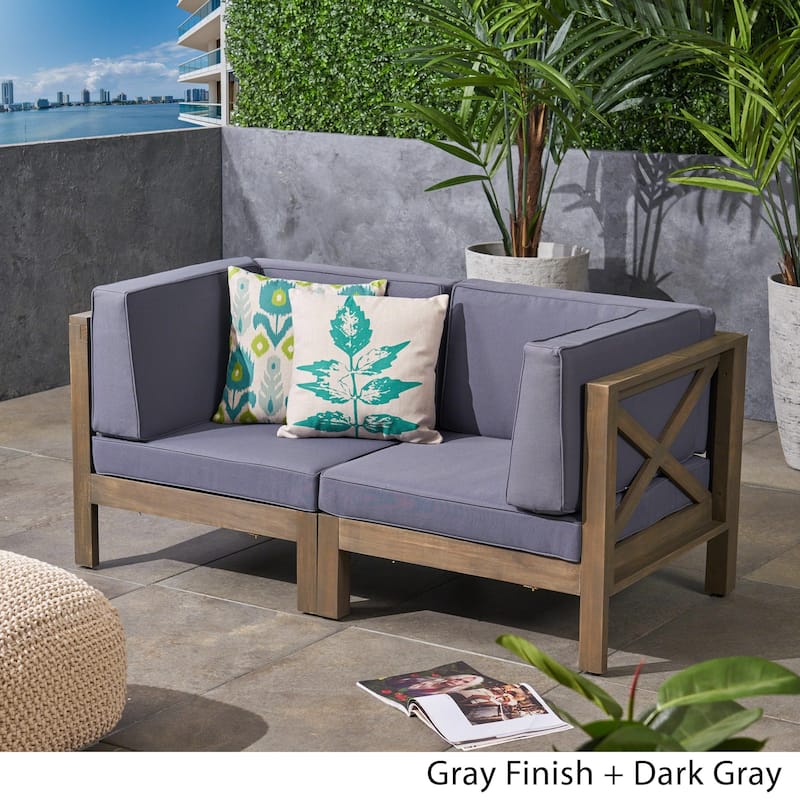 Brava Outdoor 2-Seater Sectional Acacia Wood Loveseat Set With Water-Resistant Cushions by Christopher Knight Home