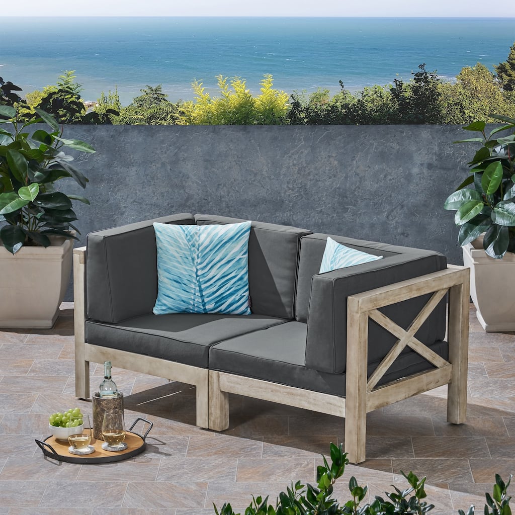Brava Outdoor 2-Seater Sectional Acacia Wood Loveseat Set With Water-Resistant Cushions by Christopher Knight Home
