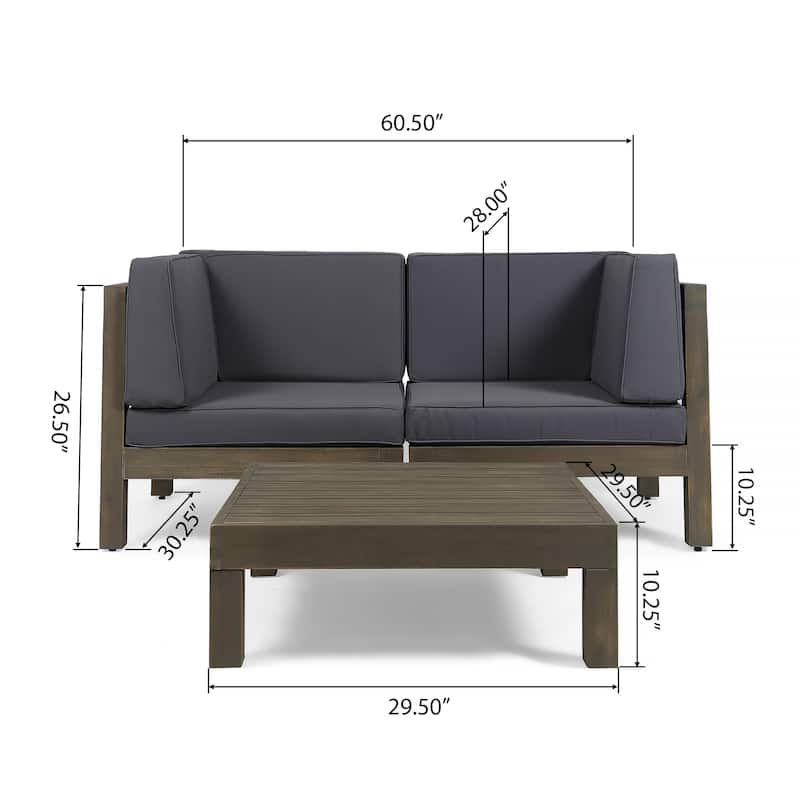 Brava Outdoor 2-Seater Sectional Acacia Wood Loveseat Set with Coffee Table and Cushions by Christopher Knight Home