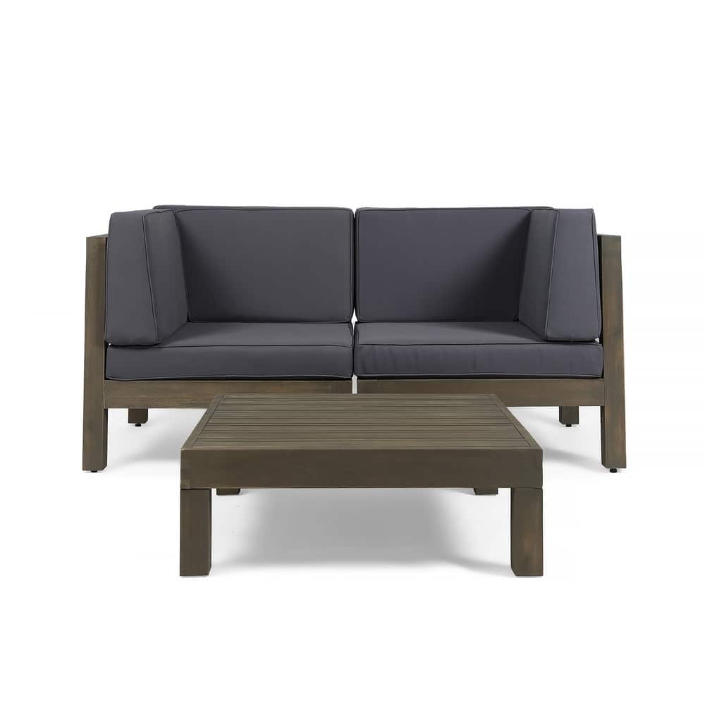 Brava Outdoor 2-Seater Sectional Acacia Wood Loveseat Set with Coffee Table and Cushions by Christopher Knight Home