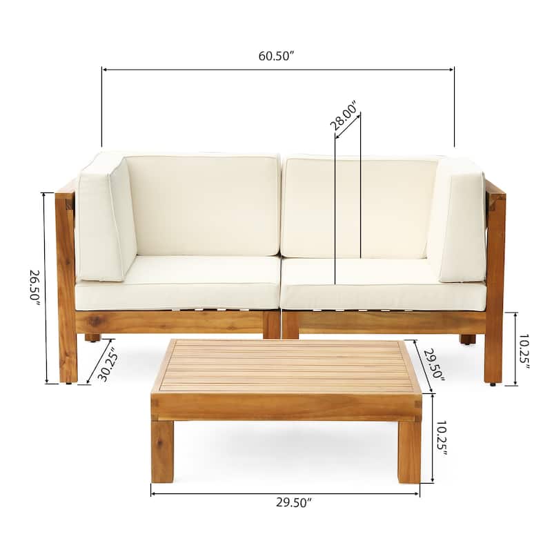 Brava Outdoor 2-Seater Sectional Acacia Wood Loveseat Set with Coffee Table and Cushions by Christopher Knight Home