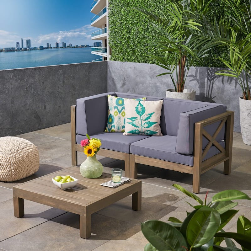 Brava Outdoor 2-Seater Sectional Acacia Wood Loveseat Set with Coffee Table and Cushions by Christopher Knight Home
