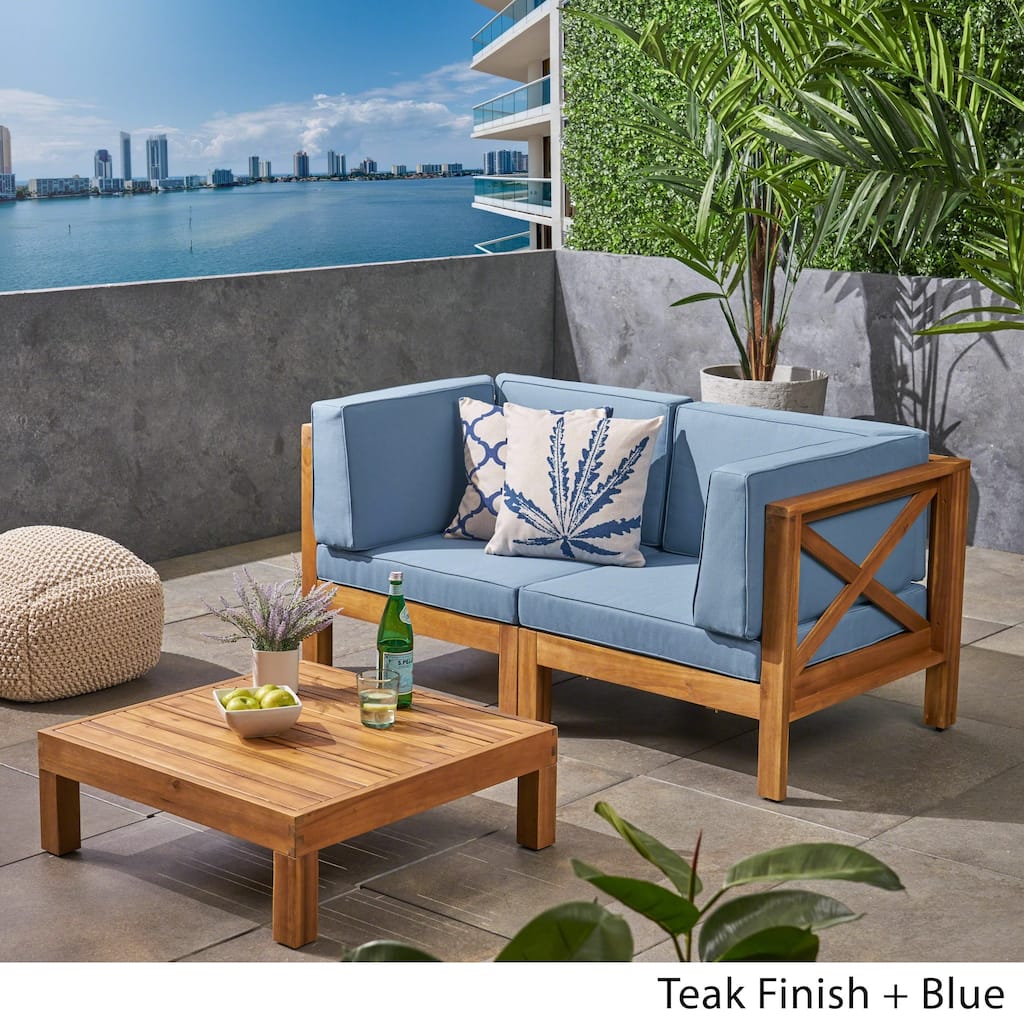 Brava Outdoor 2-Seater Sectional Acacia Wood Loveseat Set with Coffee Table and Cushions by Christopher Knight Home