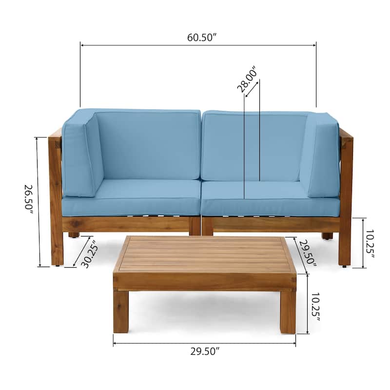 Brava Outdoor 2-Seater Sectional Acacia Wood Loveseat Set with Coffee Table and Cushions by Christopher Knight Home