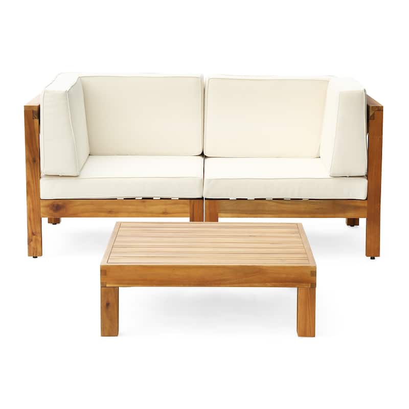 Brava Outdoor 2-Seater Sectional Acacia Wood Loveseat Set with Coffee Table and Cushions by Christopher Knight Home - teak + beige cuhsion