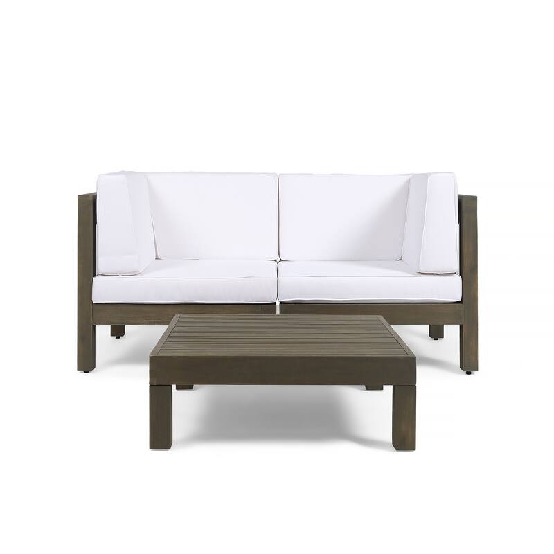 Brava Outdoor 2-Seater Sectional Acacia Wood Loveseat Set with Coffee Table and Cushions by Christopher Knight Home - gray + white cushion