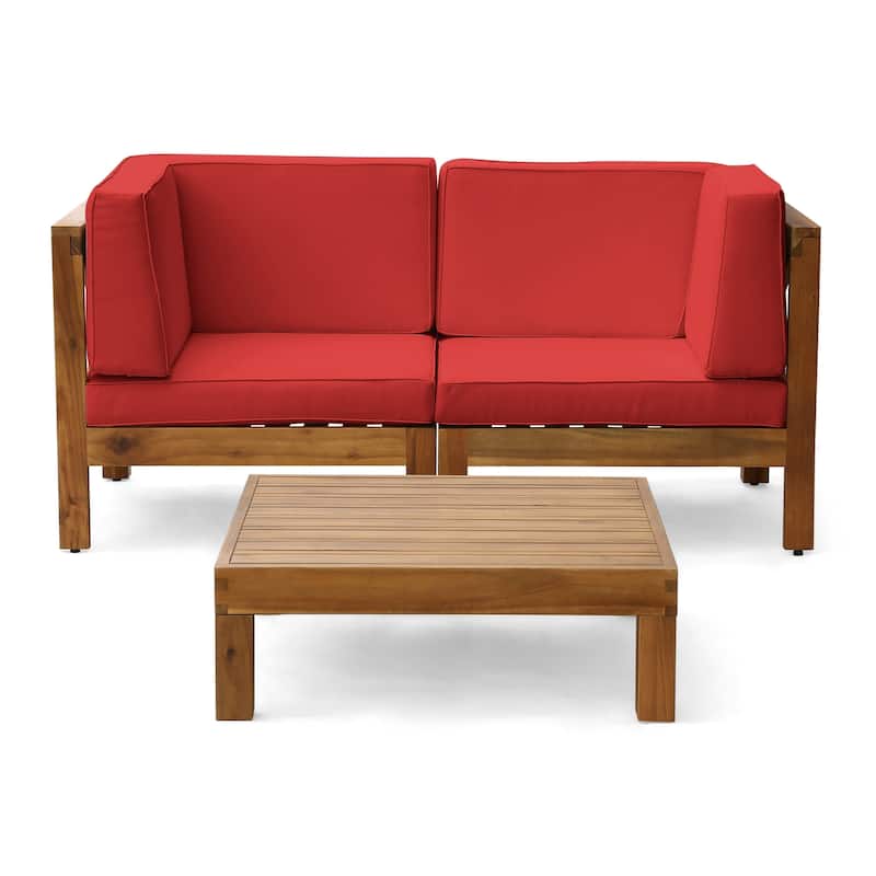 Brava Outdoor 2-Seater Sectional Acacia Wood Loveseat Set with Coffee Table and Cushions by Christopher Knight Home - teak + red cuhsion