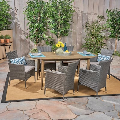 Stamford Outdoor 7-Piece Acacia Wood Dining Set with Wicker Chairs by Christopher Knight Home