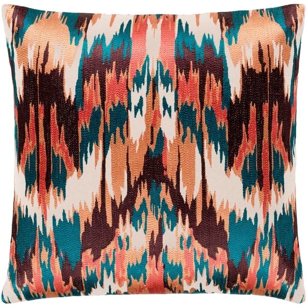 Virgil Peach & Emerald Embroidered Ikat Poly Fill Throw Pillow (22" x 22")