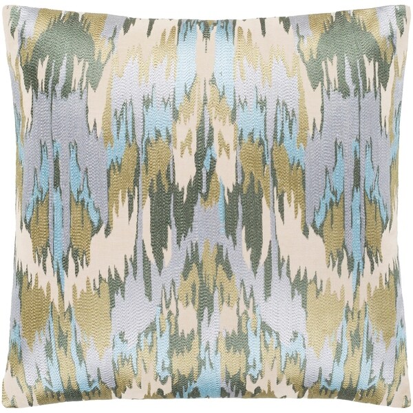 Virgil Light Blue Embroidered Ikat Feather Down Throw Pillow (22" x 22")