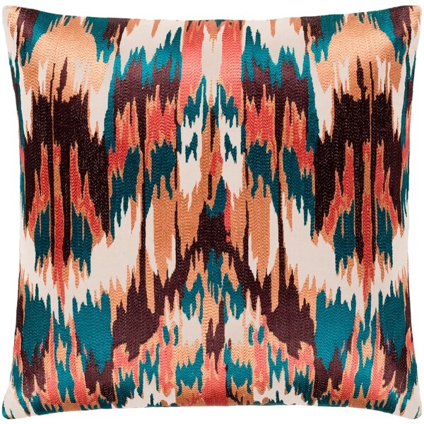 Virgil Peach & Emerald Embroidered Ikat Poly Fill Throw Pillow (20" x 20")