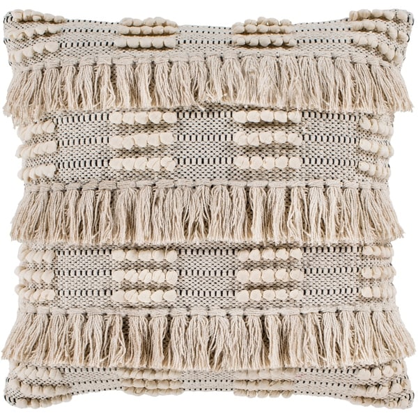 Embra Beige Bohemian Fringe Poly Fill Throw Pillow (22" x 22")