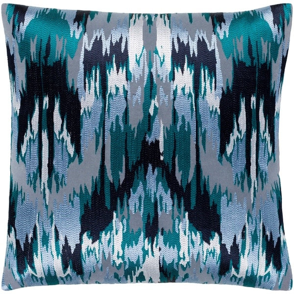 Virgil Grey & Blue Embroidered Ikat Feather Down Throw Pillow (22" x 22")