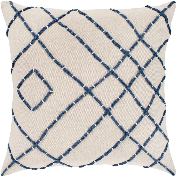 Kelby Cream & Navy Hand Embroidered Feather Down Throw Pillow (18" x 18")