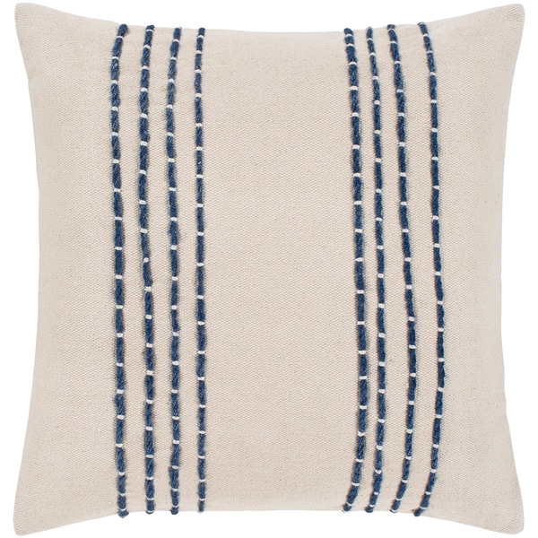 Malik Cream & Navy Hand Embroidered Feather Down Throw Pillow (18" x 18")