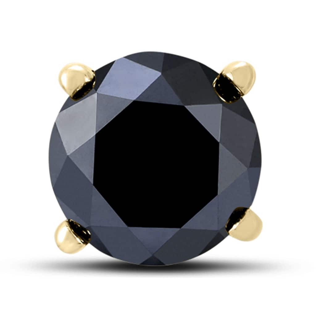 1 Carat Round Single Solitaire Black Diamond Stud Earring in 10K Yellow Gold