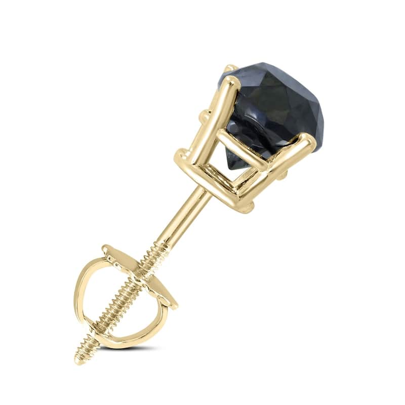 1 Carat Round Single Solitaire Black Diamond Stud Earring in 10K Yellow Gold