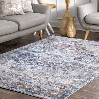 Brooklyn Rug Co Blue Transitional Classical Herver Florid Distressed Persian Medallion Border Area Rug