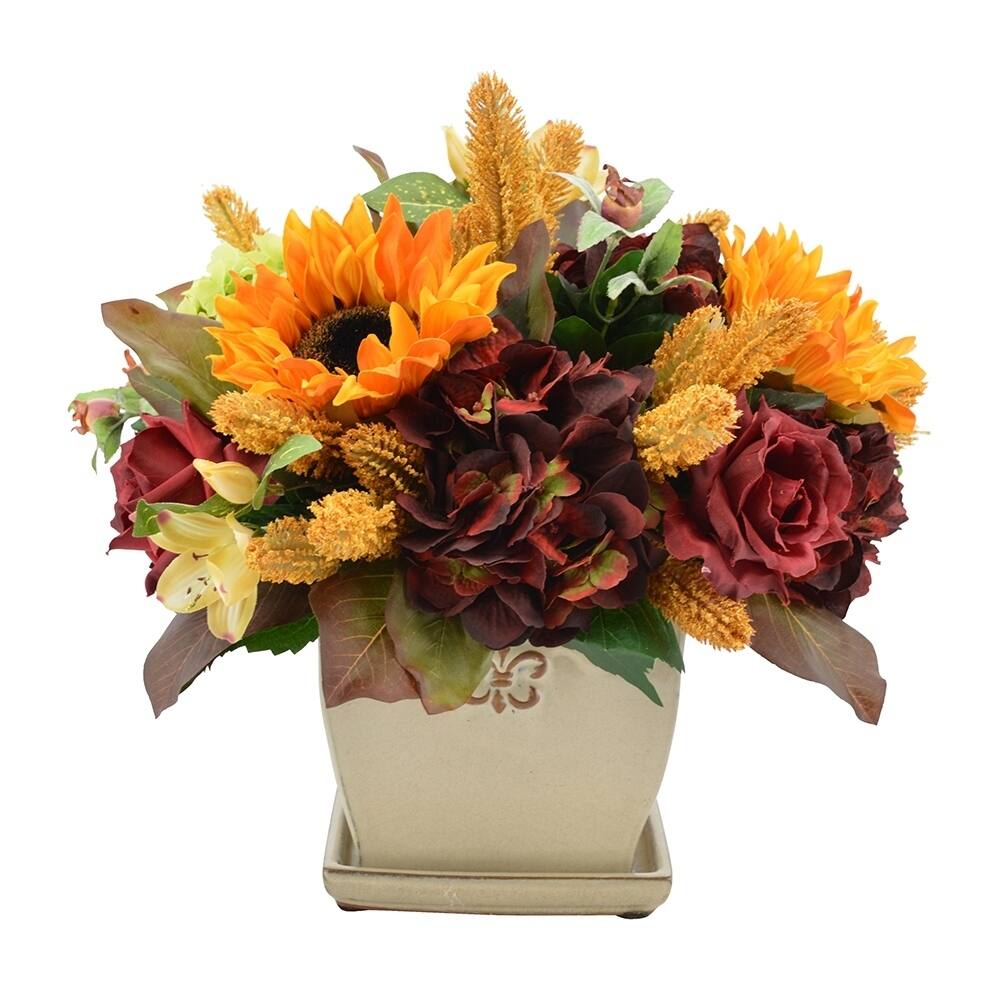 Autumnal sunflower and hydrangea mixed floral in ceramic vase