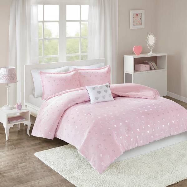 Shop Mi Zone Jenna Metallic Heart Printed Plush Comforter Set On