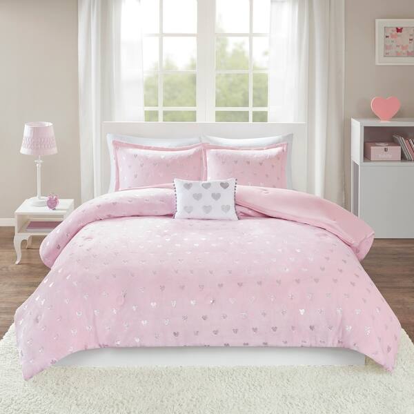Shop Mi Zone Jenna Metallic Heart Printed Plush Comforter Set On