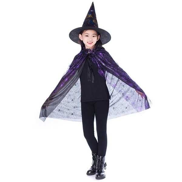 Adult Kids Halloween Costume Witch Wizard Robe Cape Cloak and Hat Party Cosplay